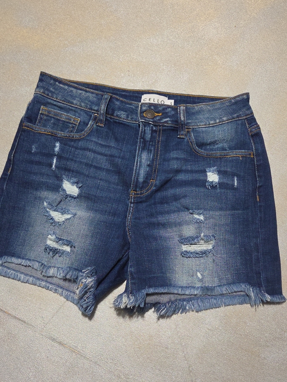 Cello Distressed Mid-Blue Denim Cutoff Shorts Long. NWOTS